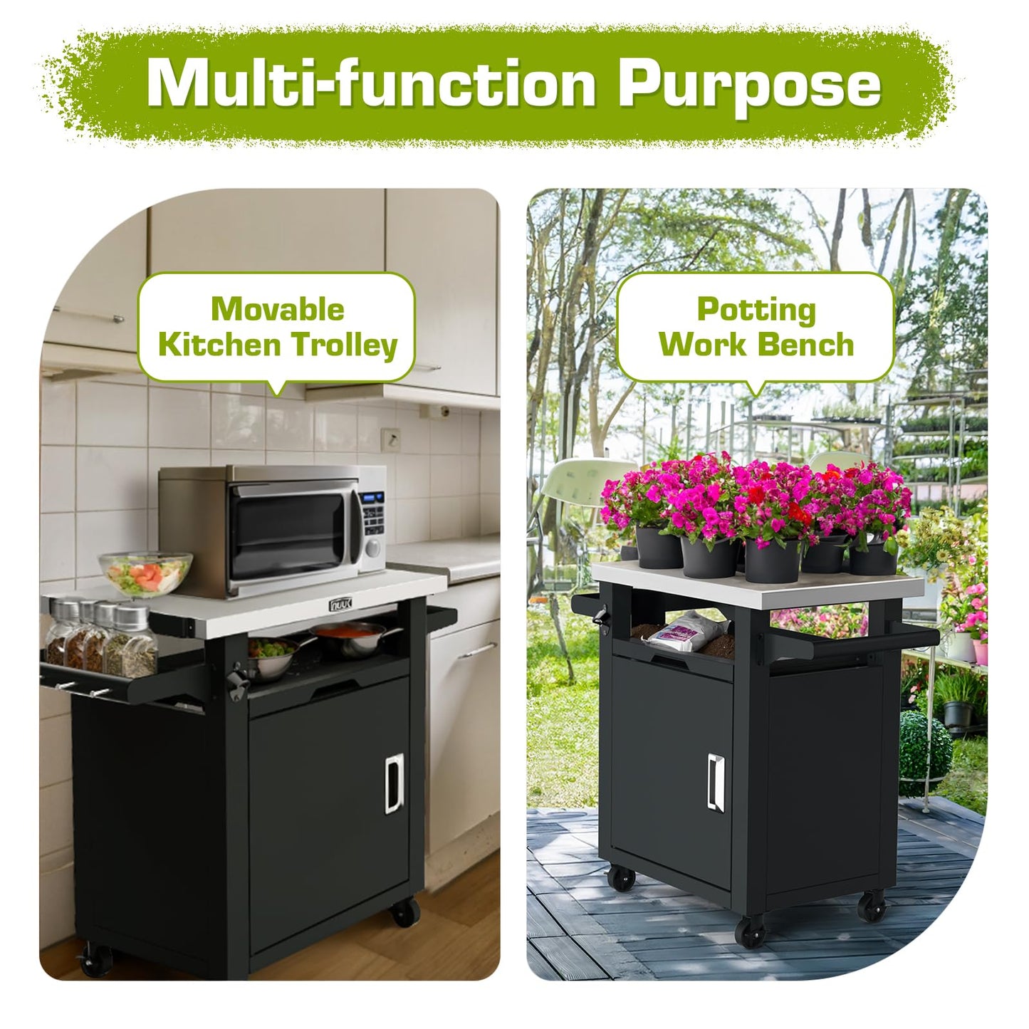 NUUK Grill Table with Storage Cabinet, Outdoor Bar Cart Pizza Oven Table with Wheels, Stainless Steel Top Kitchen Island 20" x 30" Rolling Prep Station for Indoor, BBQ, Deck, Backyard