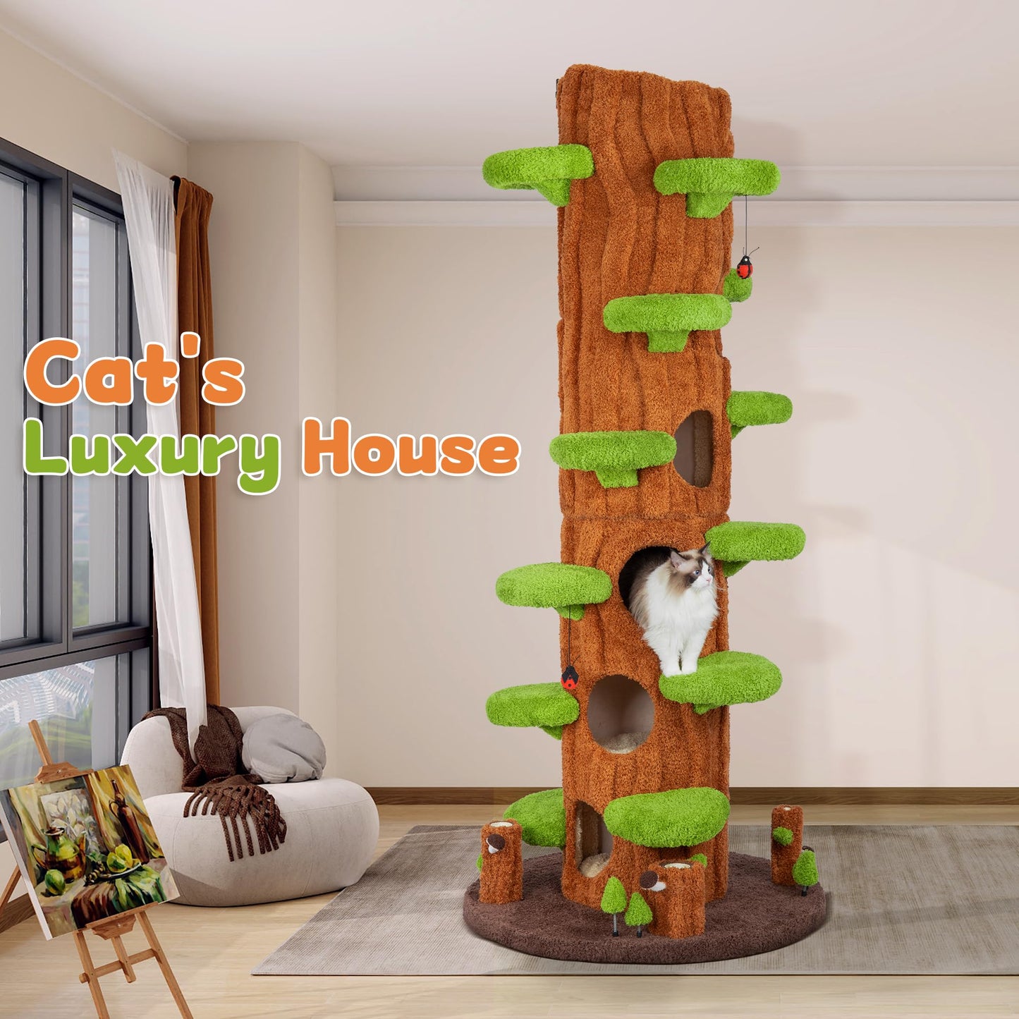 KAMABOKO 90.5" Tall Cat Tree for Indoor Cats, Large Cat Tower with Luxury Cat Condo, Cat Tree Tower with Soft Cushion, Scratching Board, Plush Platform& Top Perch, Green