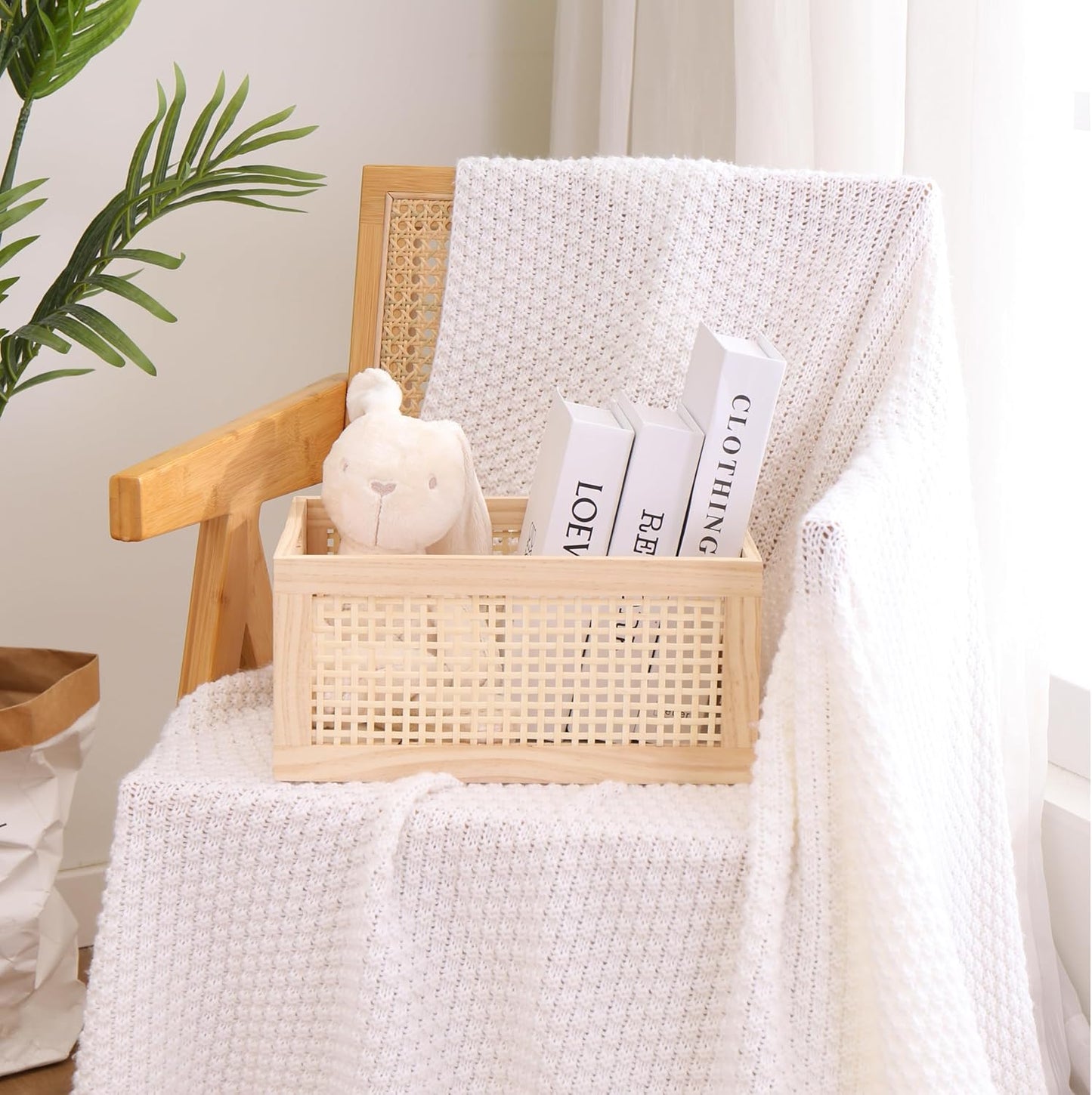 Rectangular Storage and Decor Basket, Wood Box, Natural Pine and Bamboo Material