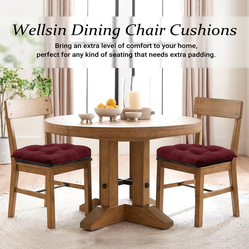 Wellsin Chair Cushions for Dining Chairs, Non-Slip Kitchen Chair Pads with Ties, Tufted Shredded Foam Kitchen Chair Cushions Set of 4, 15.5" X 15.5",Burgundy