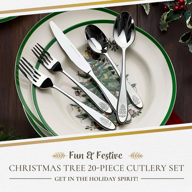 Spode Christmas Tree Collection 20-Piece Stainless Steel Flatware Set - Holiday Cutlery Set - Dishwasher Safe Silverware - 4 Dinner Forks, Salad Forks, Dinner Knives, Tablespoons, Teaspoons