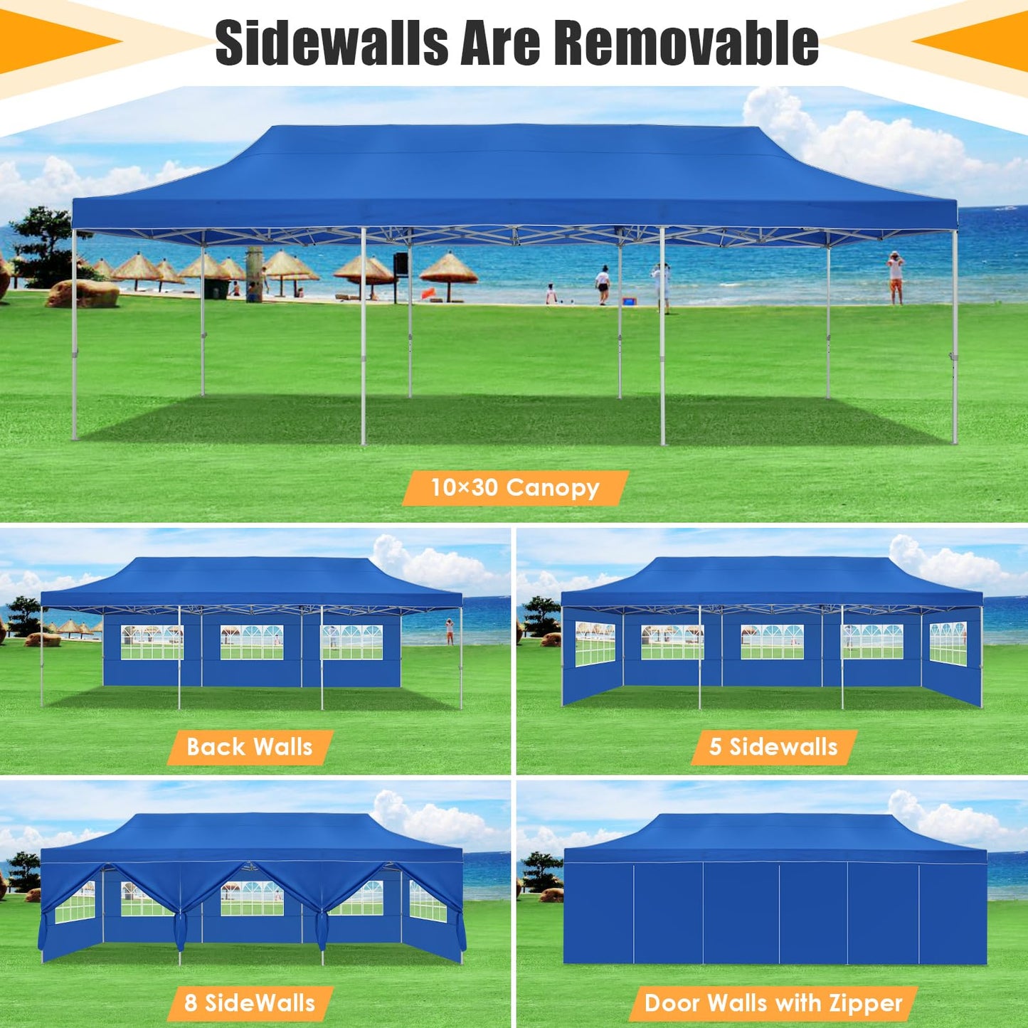 COBIZI 10x30 Heavy Duty Pop up Canopy Tent for Parties with 8 Sidewalls, Easy Setup Outdoor Commercial Gazebo for Wedding Event, Party Tent with Portable Bag & Sand Bags, Blue