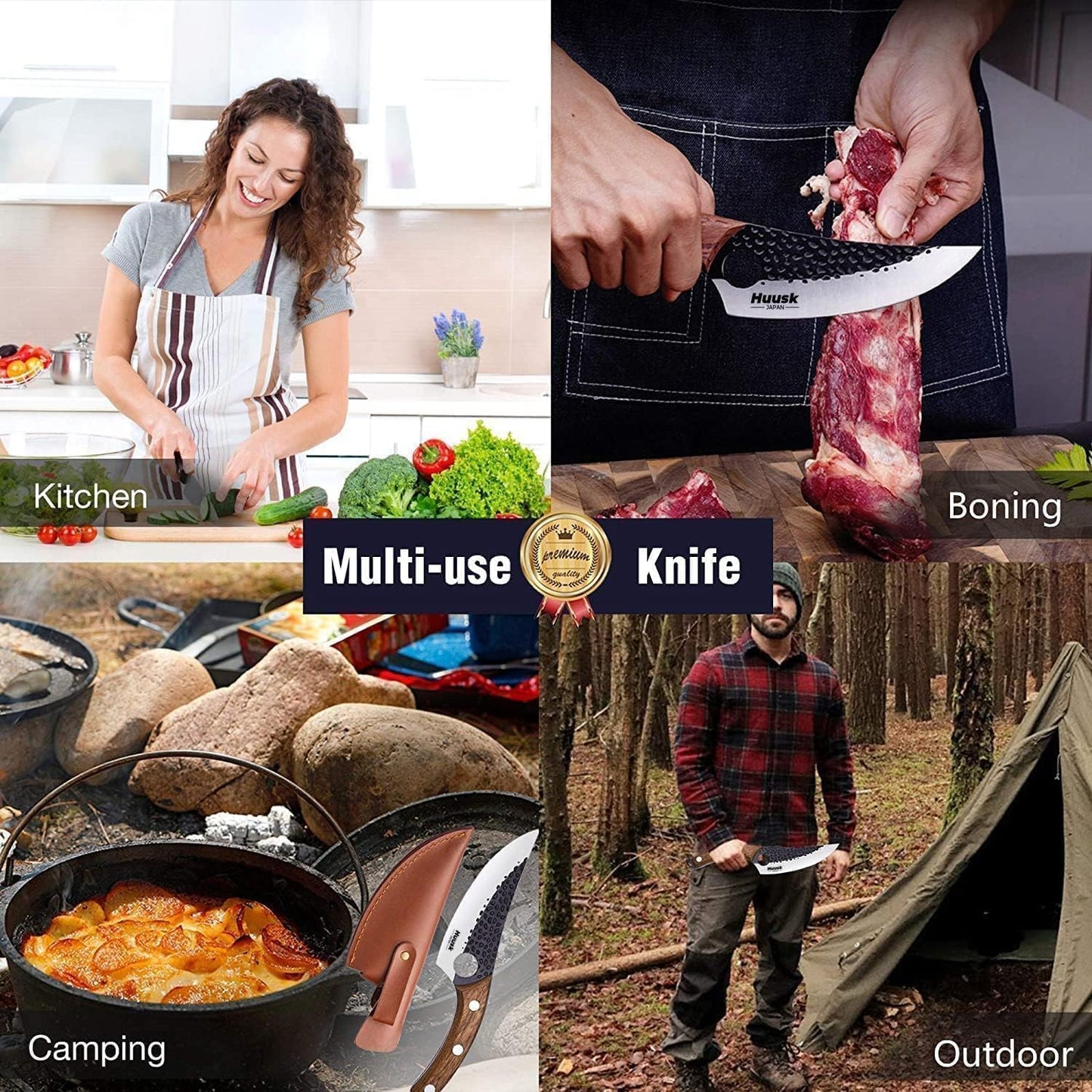 Huusk Viking Japanese Meat Cleaver, Forged Boning Knife With Sheath, High Carbon Steel Japan Butcher Fillet for Kitchen, Camping