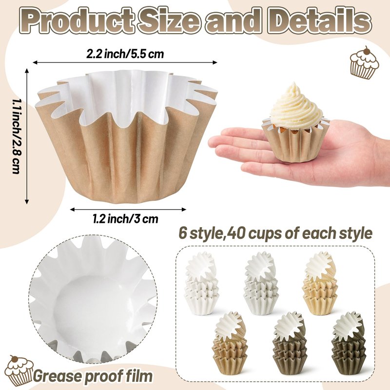 Mini Size Cupcake Liners - 240 Counts Coffee Tan Grease-Resistant Muffin Baking Cups, Bulk Brown Neutral Disposable Paper Cupcake Wrappers for Celebration Gathering Baby Shower Birthday Party Supplies