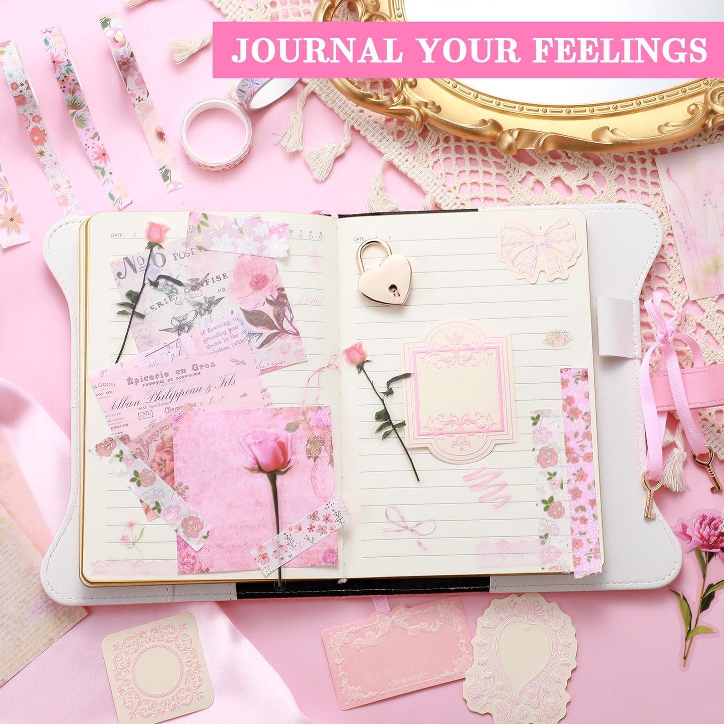 Janlaugh DIY Journal Diary with Lock Set Scrapbook Kit Stationary Diary Supplies Art Crafts Kit for Birthday Holidays Ideal Gifts for Women Teen Girls(Pink,Classic)