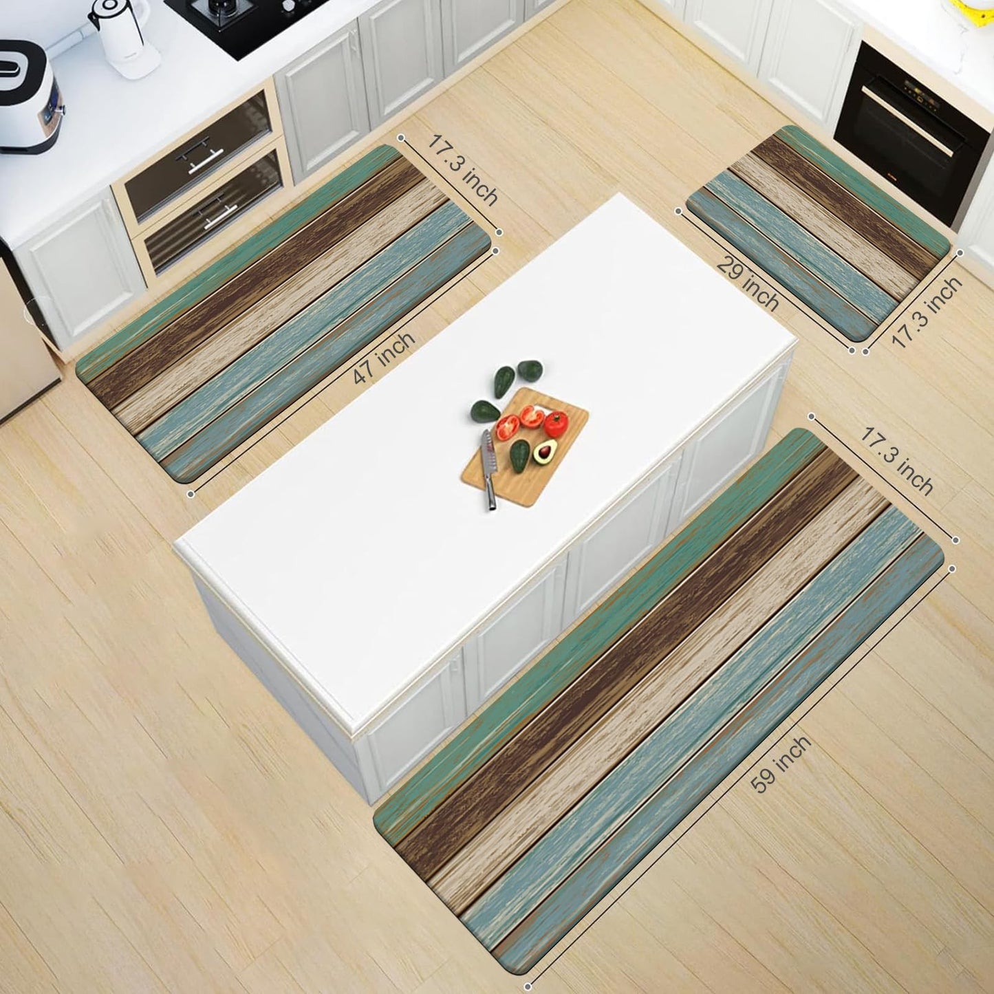 MAYHMYO Kitchen Rugs and Mats Set of 2 Teal Farmhouse Anti Fatigue Mat PVC Non Slip Retro Rustic Wood Texture Kitchen Mats for Floor,17.3 x 29 x 0.4 inch + 17.3 x 47 x 0.4 inch