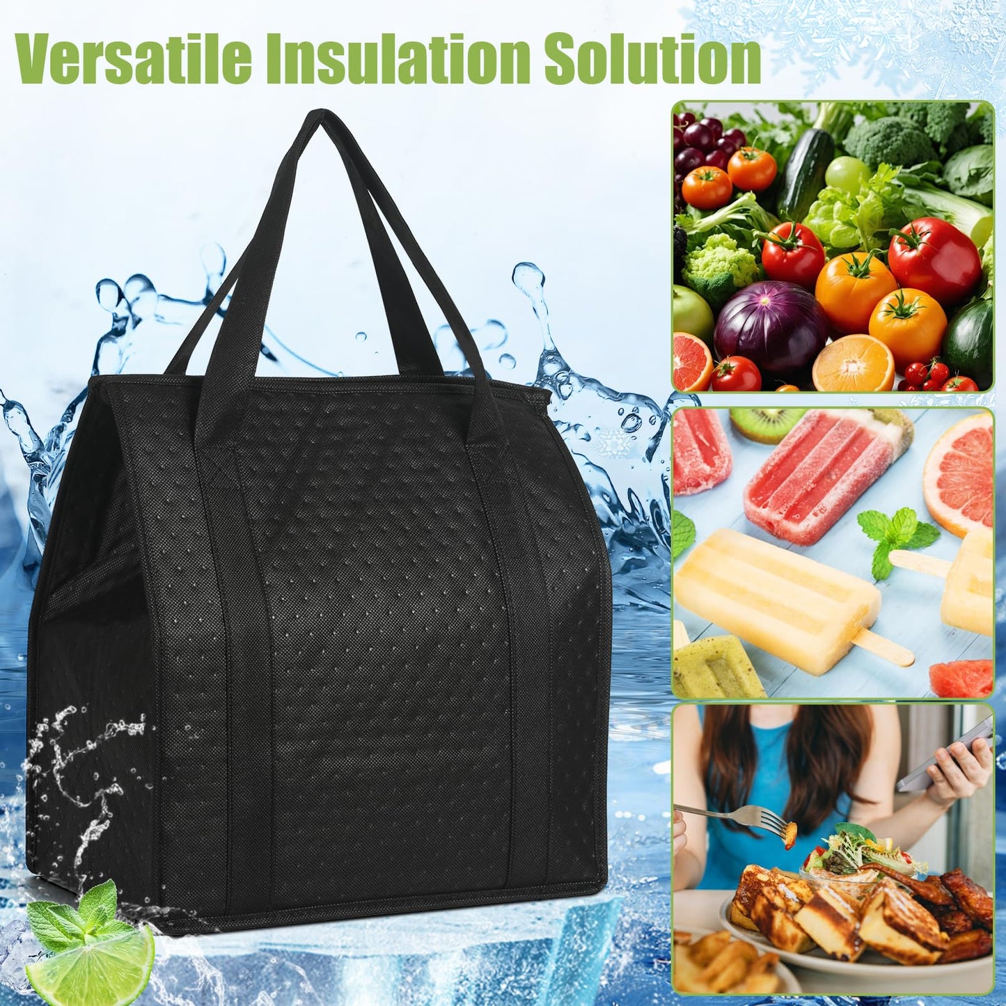 VZZNN 20 Pack Insulated Grocery Bags Bulk, Reusable Shopping Bags with Sturdy Zipper & Handles, Large Foldable Washable Thermal Cooler Totes for Hot Cold Food Transport, Travel & Lunch(Black)
