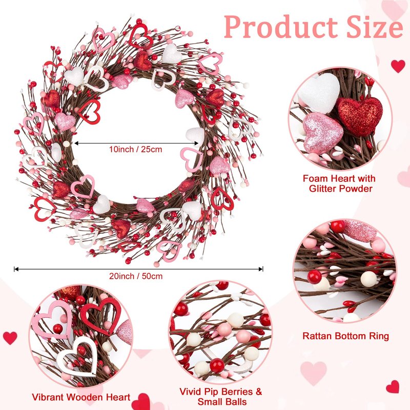 Ouddy Decor 20'' Valentine's Wreath for Front Door with Artificial Red Pink White Wooden Heart Shaped Berries for Valentines Gifts Romantic Night Event Anniversary Wedding Engagement Home Decorations