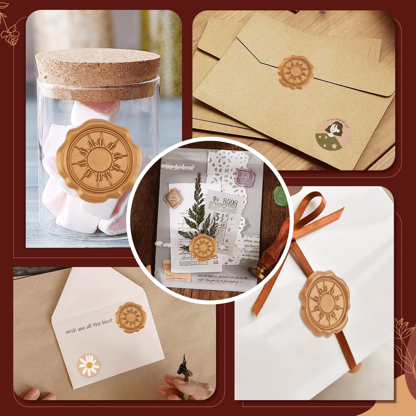 CRASPIRE 60pcs Adhesive Wax Seal Stickers Sun Wax Seal Stamp Stickers Self Adhesive Gold Vintage Wax Seal Envelope Stickers for Wedding Invitation Cards Party Favors Craft Gift