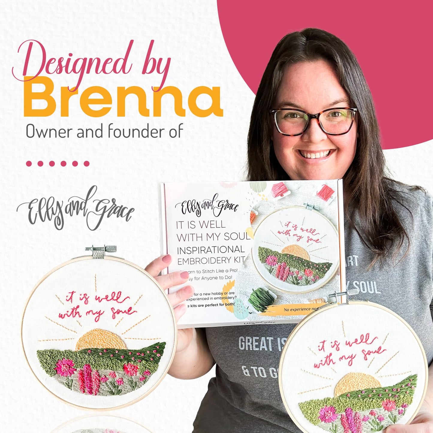 Elly & Grace Christian Embroidery Kit with Embroidery Hoop, Easy Embroidery Kit for Beginners and Adults, Full Embroidery Hoop Kit with Needles and Thread Included (It is Well)