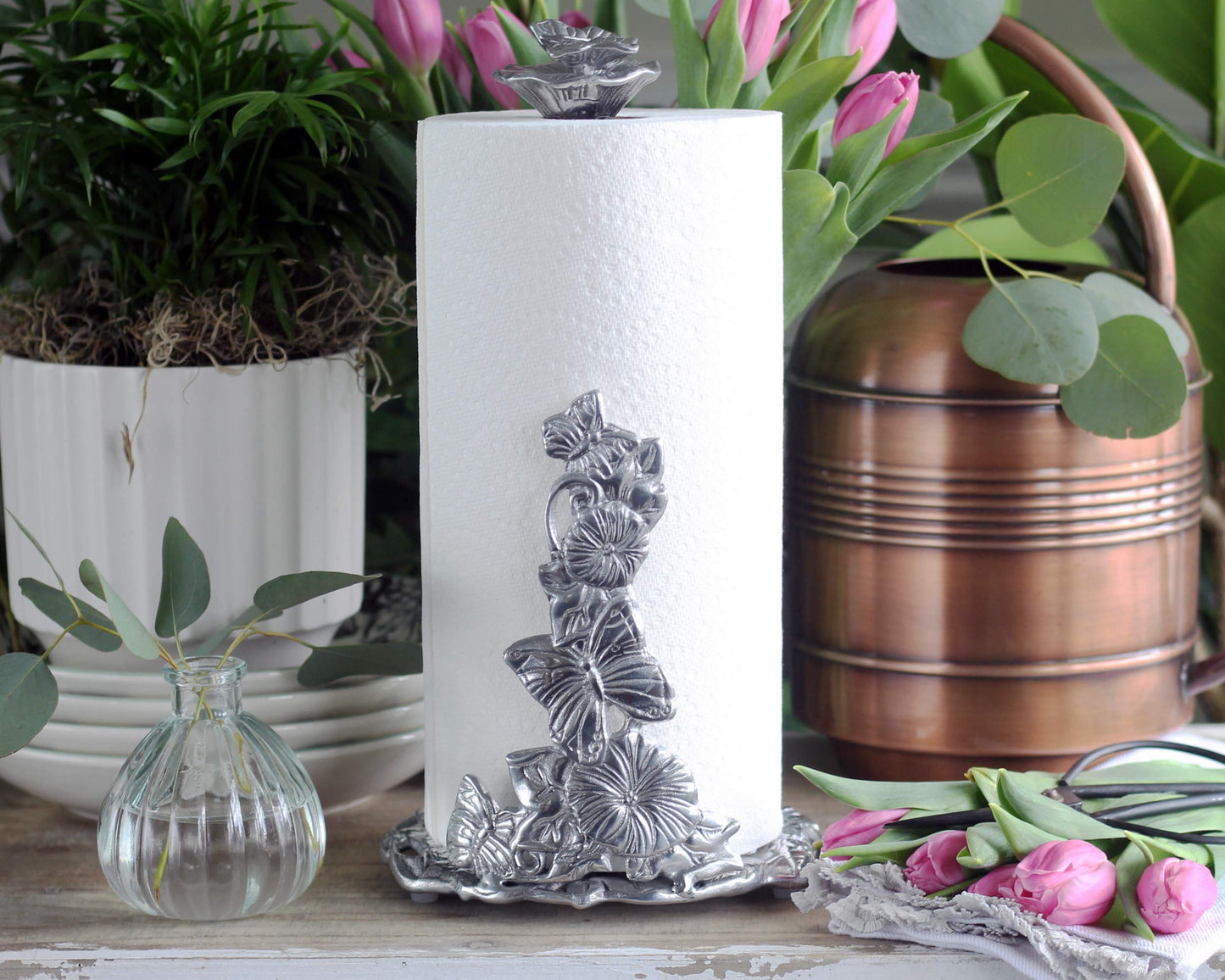 Arthur Court Aluminum Butterfly Garden Decorative Paper Towel Holder Metal Countertop 13 Inch Standing Tall - Freestanding Weighted Base Paper Towel Holders