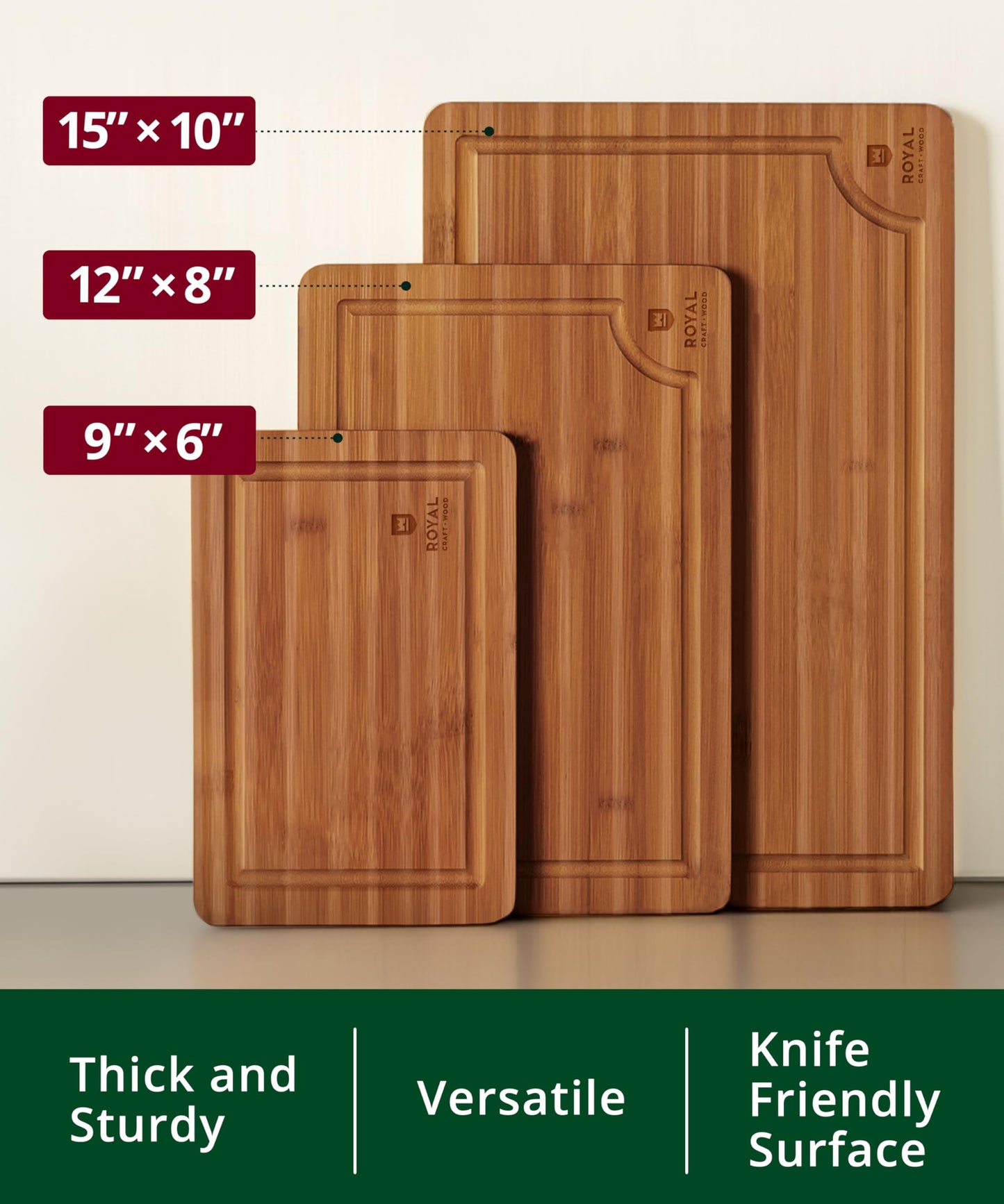 ROYAL CRAFT WOOD Wooden Cutting Boards for Kitchen Meal Prep & Serving - Bamboo Wood Serving Board Set with Deep Juice Groove Side Handles - Charcuterie & Chopping Butcher Block for Meat