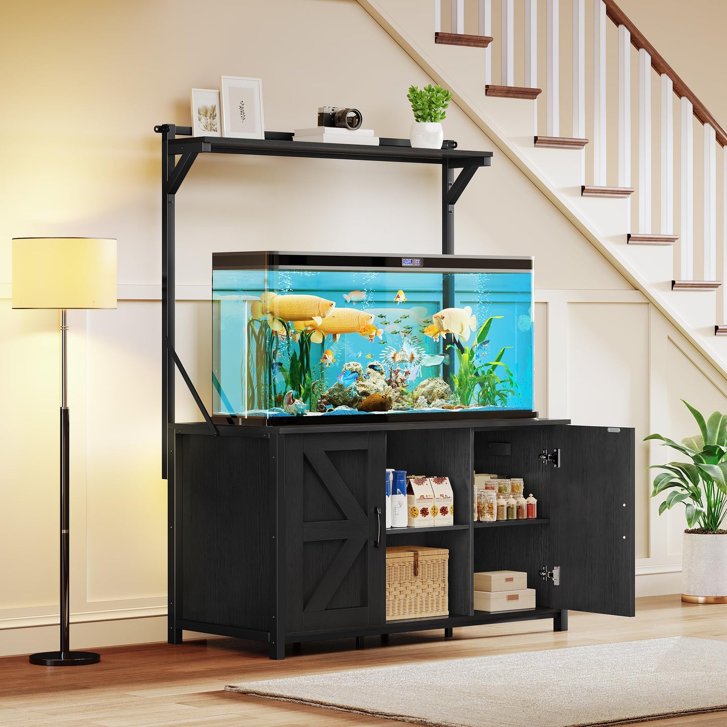 DWVO 40-120 Gallon Fish Tank Stand with Power Outlets, Heavy Duty Aquarium Stand with Storage, Metal Reptile Terrariums Table for Turtle Accessories Storage,1100LBS Capacity, Black