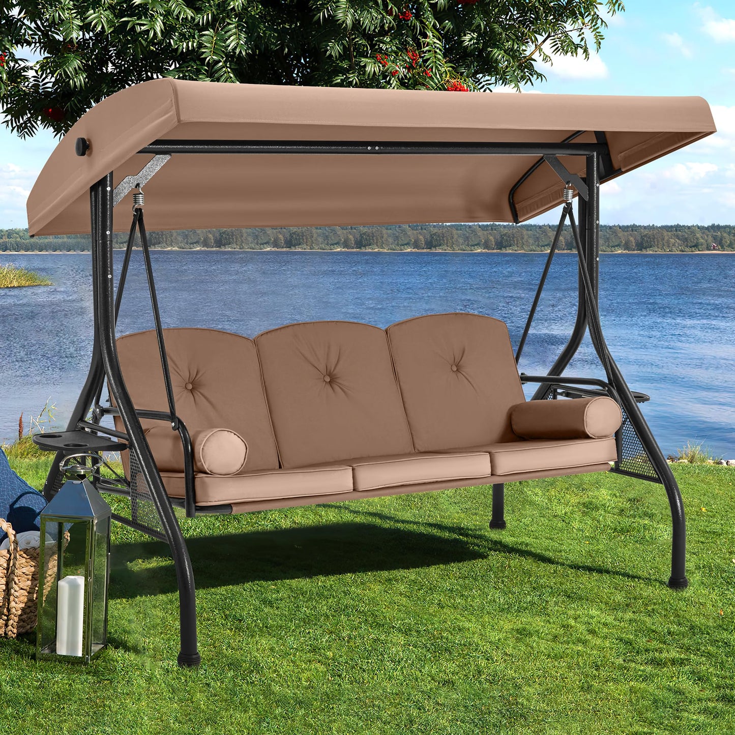HOMREST 3 Seat Outdoor Porch Swing with Adjustable Canopy, Convertible Patio Swing Bed with Stand, Patio Glider Swing with Upgraded Cup Holder, Thicken Cushions & Pillow for Backyard(Brown)