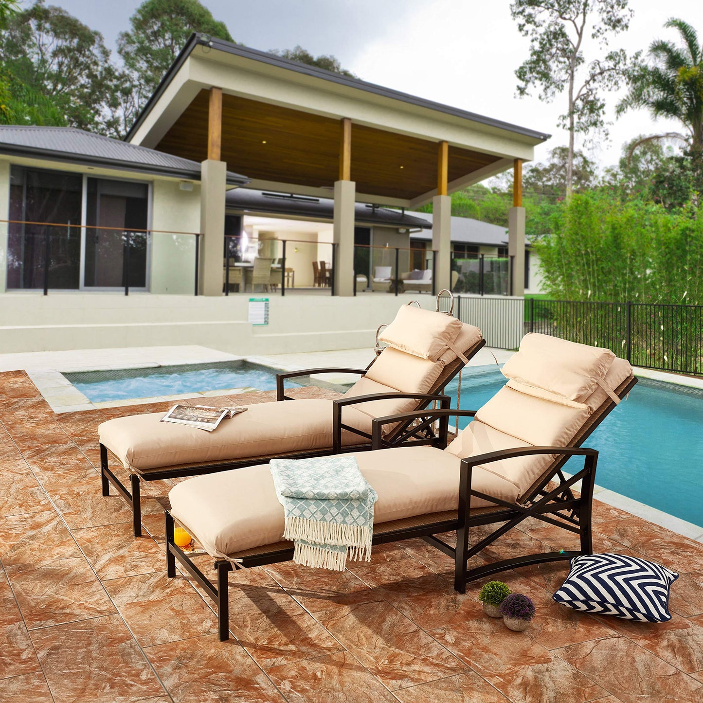 LOKATSE Home 2 Pieces Outdoor Patio Chaise Lounge Chair Blue Removable Cushions and Pillows with Adjustable Backrest and Armres Reclining Chairs for Beach Poolside Balcony Backyard Garden