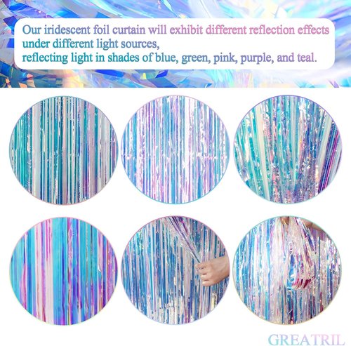 GREATRIL Iridescent Party Streamers Backdrop - Neon Holographic Tinsel Foil Curtain | 3.2ft x 6.5ft, 2 PCS