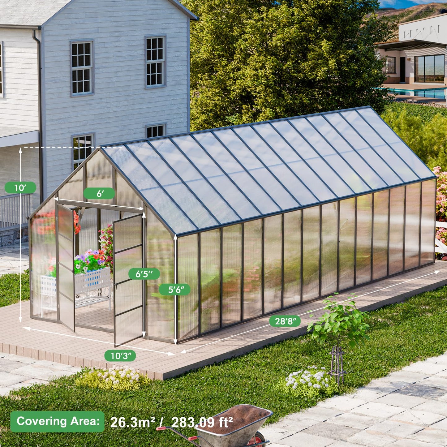 SELLERWE 28x10x10 FT Large Greenhouse, Easy Assembly Thicker Aluminum Hybrid Polycarbonate Greenhouses for Outdoors w/6 Windows,Heavy Duty Walk-in Greenhouses for Outside, Backyard, Graden