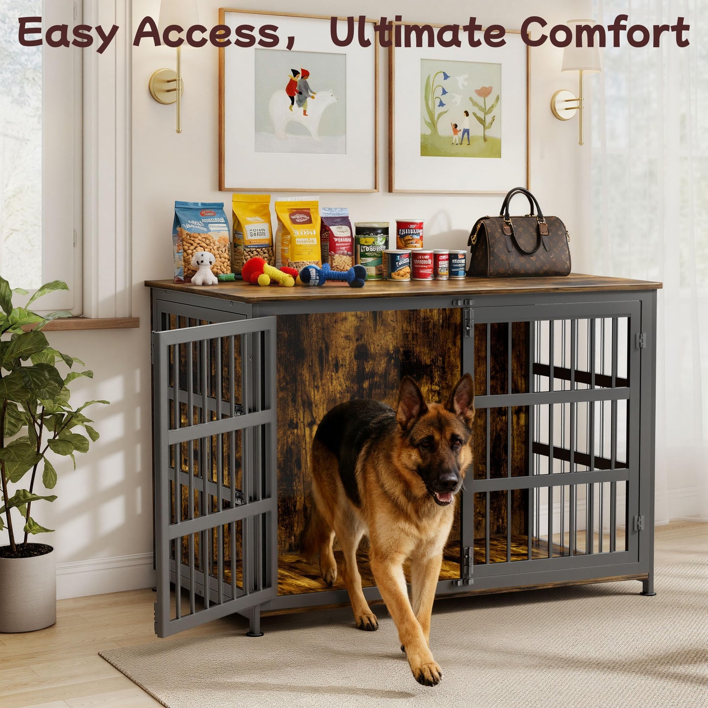 CABZOON 46'' Dog Crate Furniture Large Breed Dog Crate Dog Kennels for Inside Wooden Dog Crates End Table Heavy Duty Indoor Combination Cage for Medium to Large Dogs Walnut