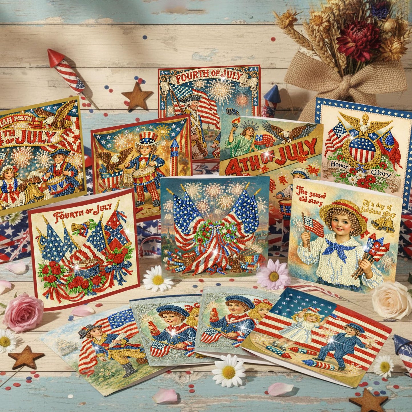 Saillong 12 Pack Vintage 4th of July Diamond Painting Greeting Card Kits Patriotic Diamond Art Cards with Envelopes Retro Red White Blue 5D Rhinestones Painting Making Kits for Adults DIY Craft Gifts