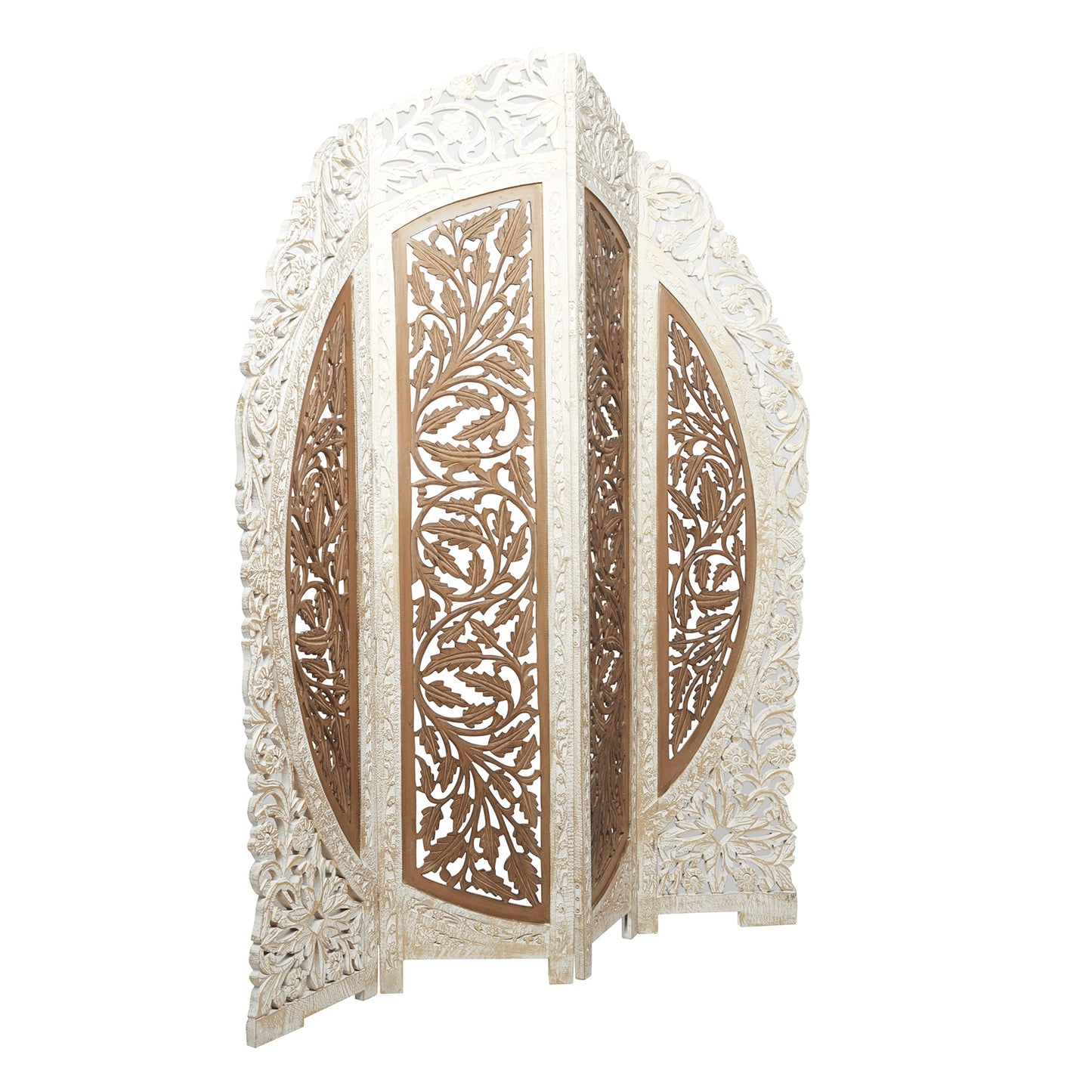 Deco 79 Mango Wood Floral Handmade Partition Room Divider Screen Foldable Arched Partition 4 Panel Privacy Screen with Intricately Carved Designs, Room Partition 62" x 1" x 72", Brown