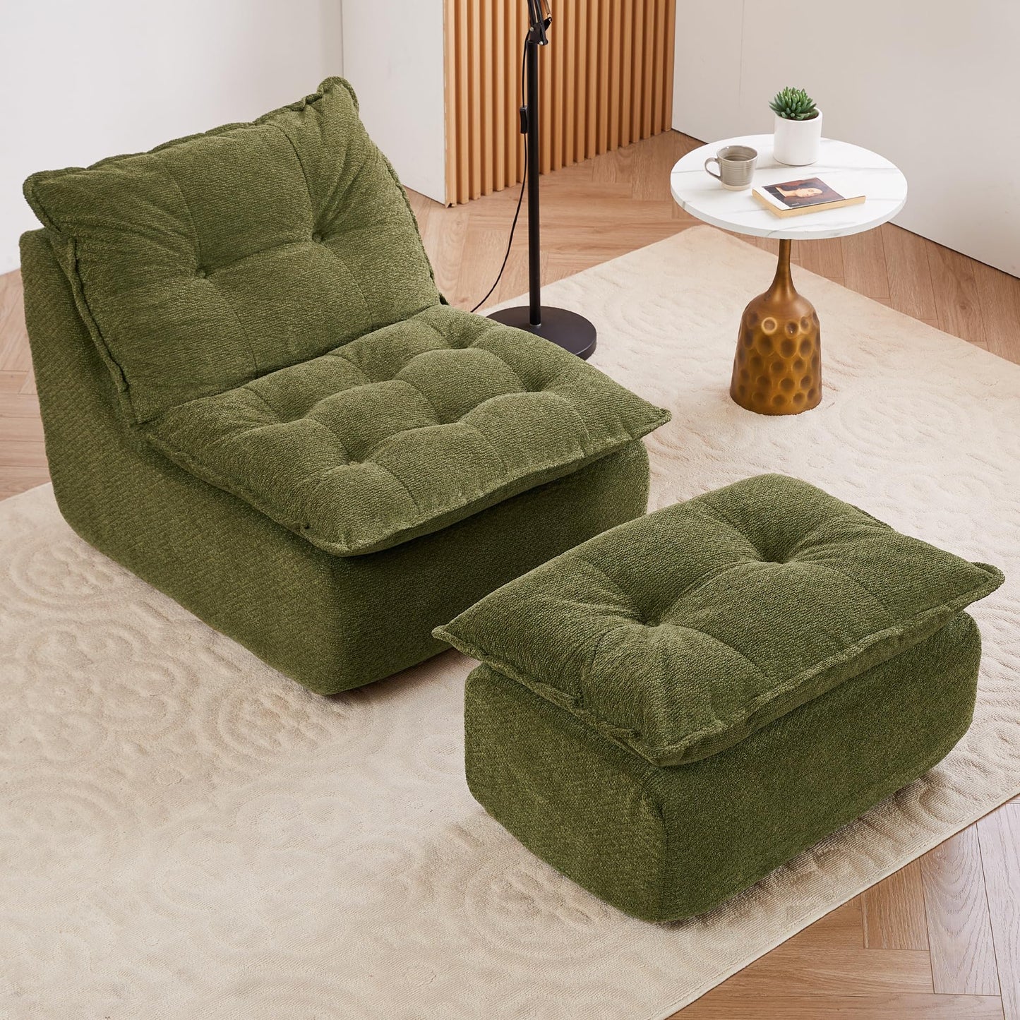 ENYLAY Single Chaise Lounge Chair, 62.2" Lazy Sofa Bean Bag Chair with Ottoman – Modern Boneless Floor Lounger for Bedroom or Living Room, Cozy Cloud Sleeper (Green)