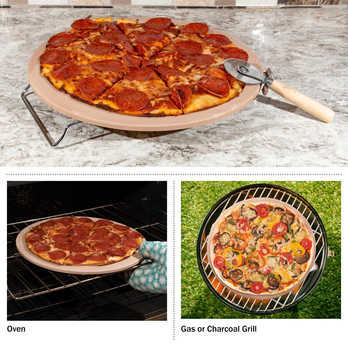 Pizza Stone - 15-Inch Pizza Stone for Oven or Grill with Cutter and Metal Serving Rack/Handles - Oven Accessories by Classic Cuisine