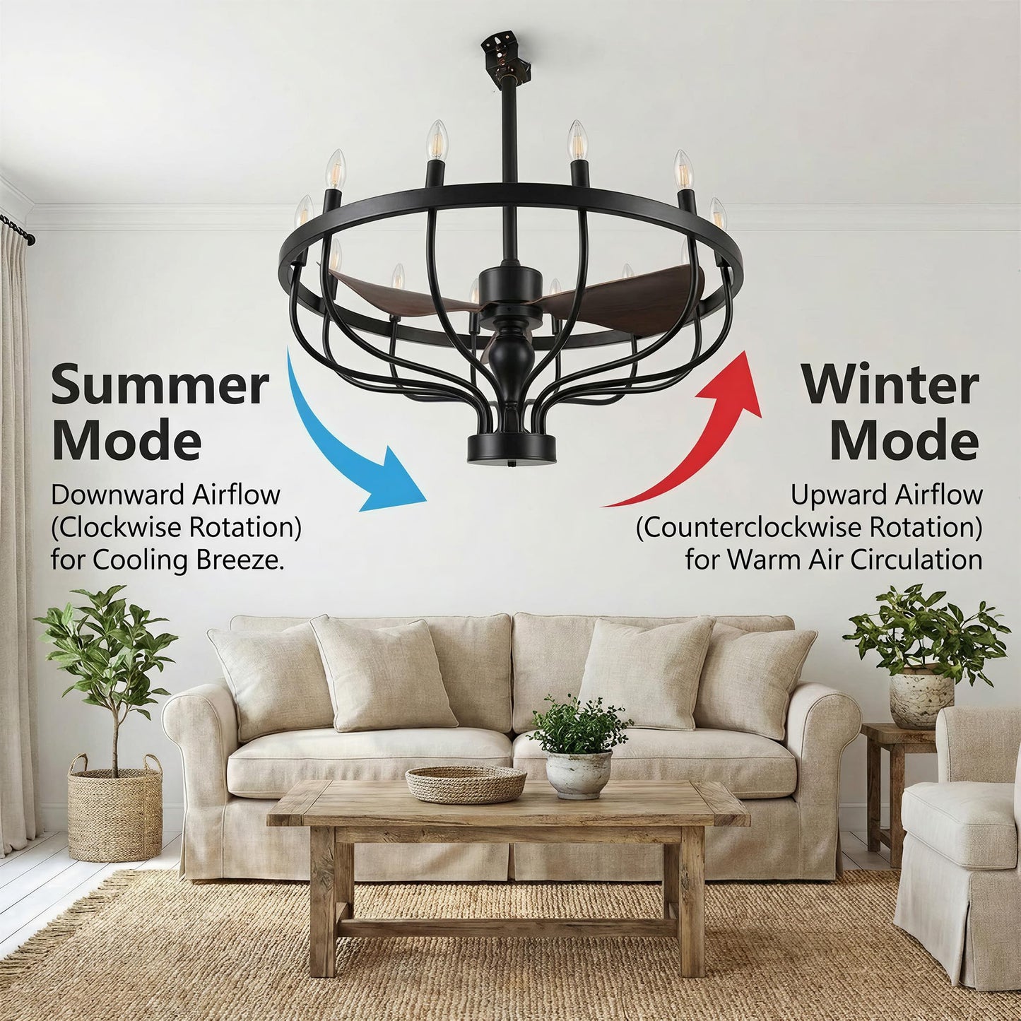 Fiqevs 32-inch Farmhouse Chandelier Fan with Remote Control, DC Motor, 12 LED Lights, Reversible Quiet Operation, Industrial Black Wagon Wheel Rustic Ceiling Fan for Bedroom and Living Room