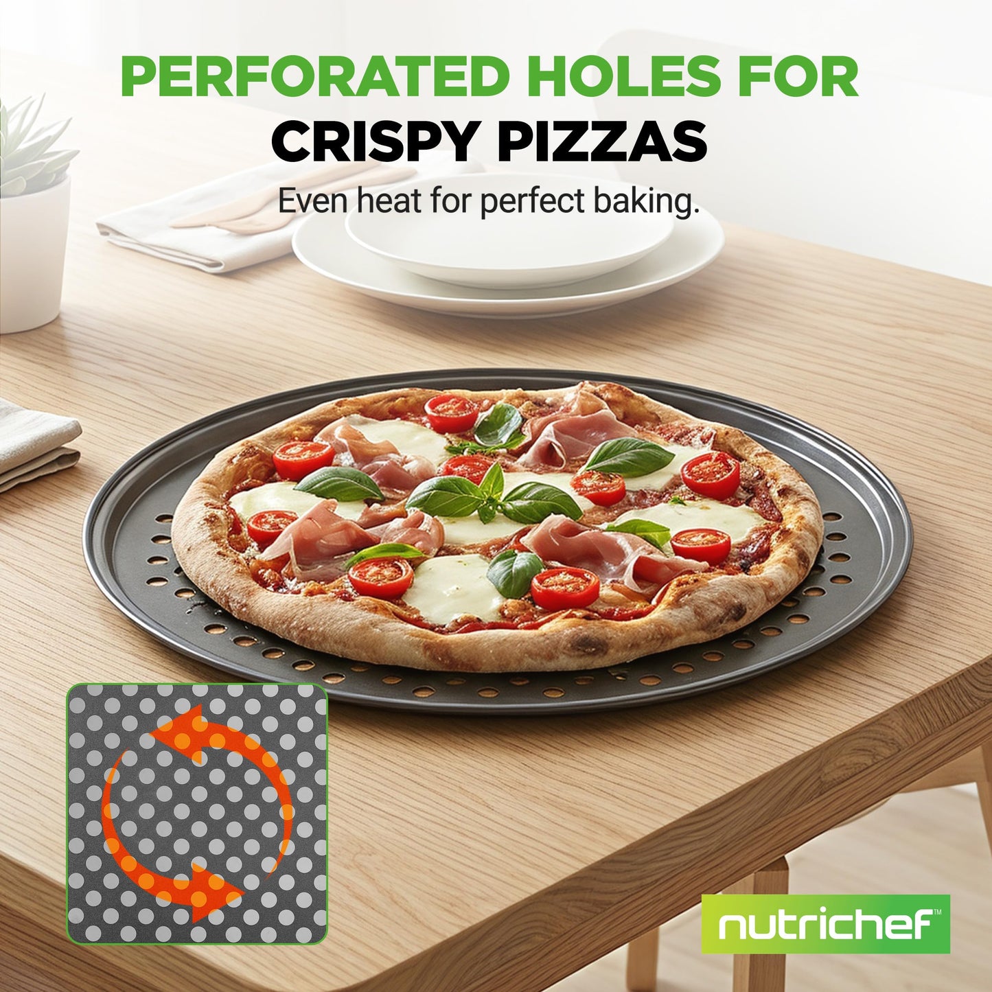 NutriChef 12.8 Inch Nonstick Pizza Pan for Oven - Carbon Steel Pizza Baking Tray with Airflow Holes - Premium Bakeware for Fresh & Frozen Pizza, Dishwasher Safe - Gray