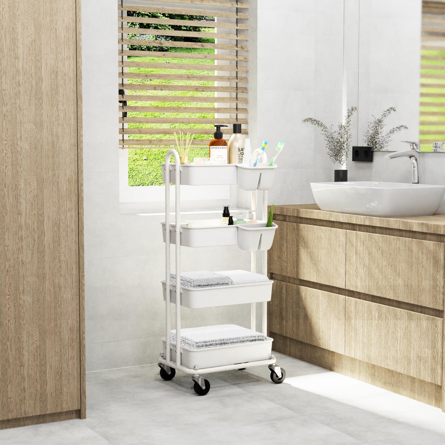 Simple Houseware 4-Tier Multifunctional Rolling Utility Cart with Hanging Buckets, White