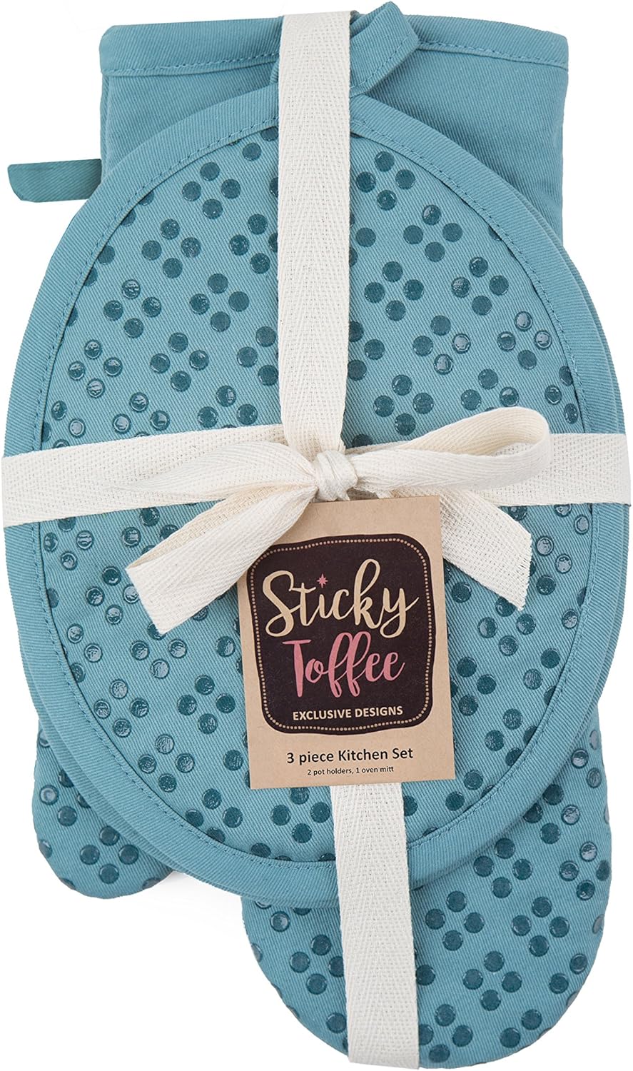Sticky Toffee Set of 3 Oven Mitt and Pot Holder – Blue Non-Slip Kitchen Hot Pads with Silicone Grip