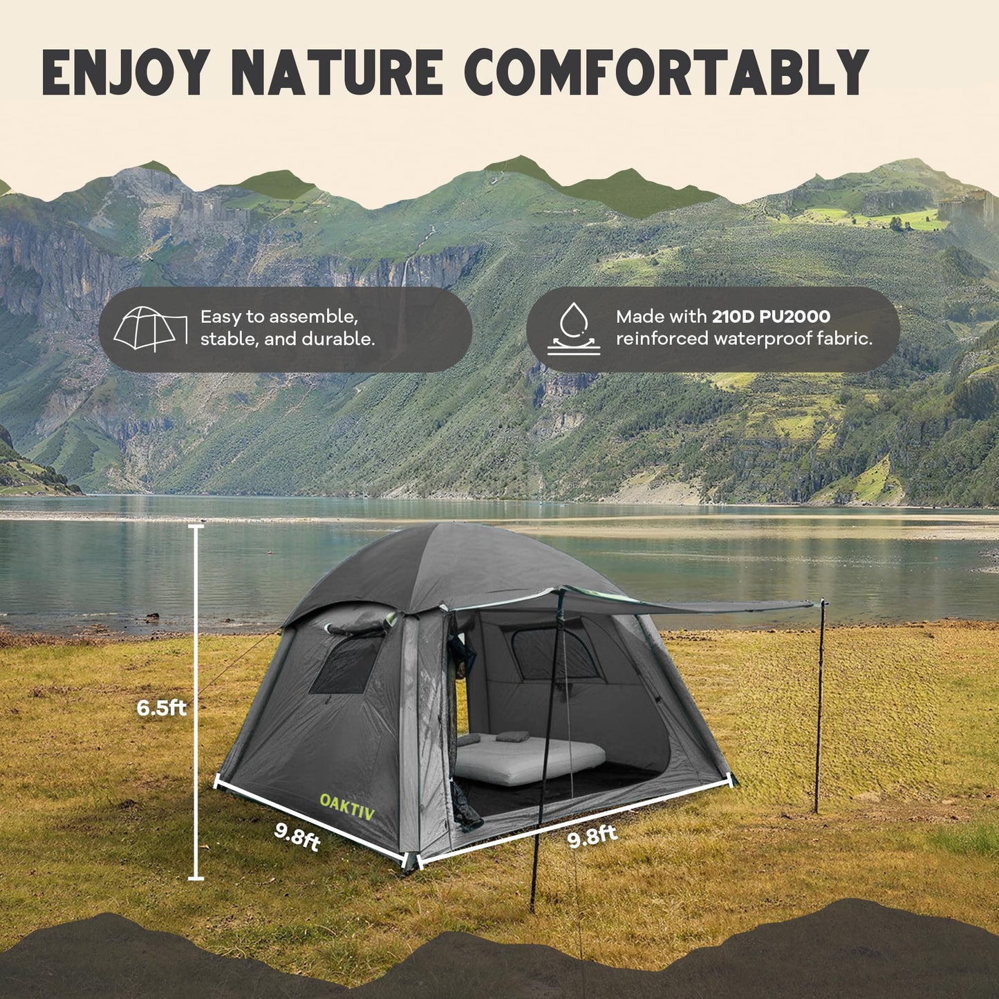 Oaktiv Inflatable Tents for Camping - CloudCamp Glamping Tent for 6 People Waterproof Oxford Fabric(210D), Quick Setup Air Tent with Manual & Battery Pump, UV Protection, 4-Season Inflatable Tent