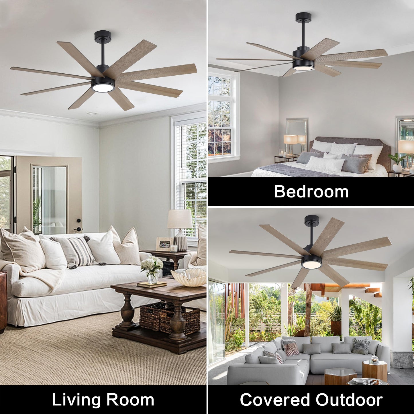 WINGBO 60" Large DC Ceiling Fans with Lights and Remote, 3 Downrods, 8 Plywood Blades, 6-Speeds Reversible DC Motor, 3CCT, Indoor Ceiling Fan for Bedroom Living Room Patio, Black and Gray