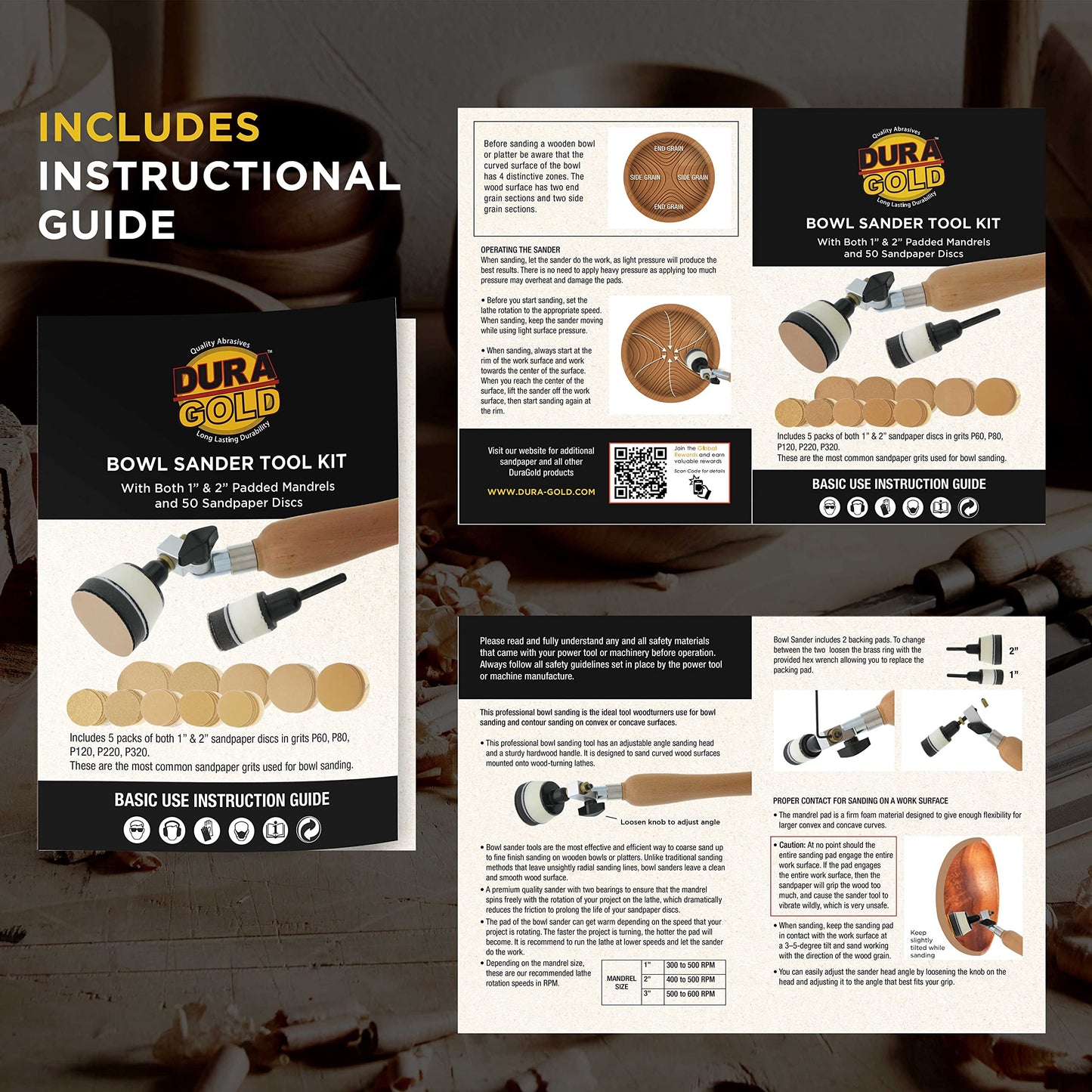 Dura-Gold Woodturning Bowl Sander Tool Kit - 1" & 2" Hook & Loop Backing Pads, 50 Sanding Discs (60 to 320 Grit), Dual Bearing, Hardwood Handle, 1/4" Mandrel, Sandpaper Woodworking