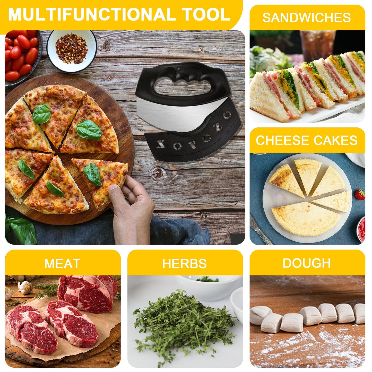 XoYoZo Pizza Cutter Salad Chopper Large Stainless Steel Blade with Cover, Dough Rocker Mezzaluna Knife for Kitchen Gadgets