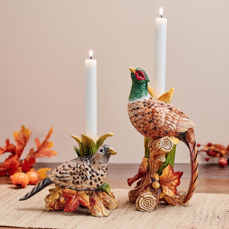 Fitz and Floyd Fall Harvest Pheasant Ceramic Figurine Candleholders, Set of 2, 10.5 and 6.25 inches Tall