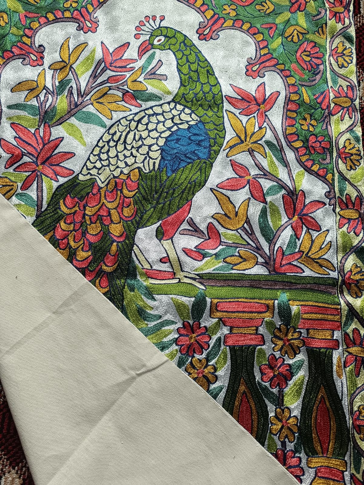 Kashmir Handmade Chain Stitch Peacock Wall Tapestry, Silk and Cotton on Canvas, 2.5 x 4 ft, Multicolor Floral Design Pack of 01