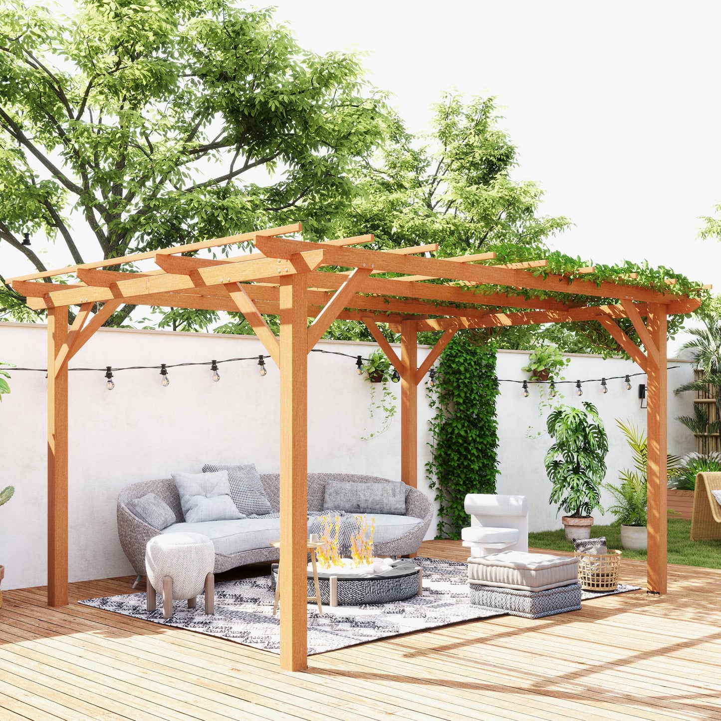 Outsunny 10' x 13' Outdoor Pergola, Wood Gazebo Grape Trellis with Stable Structure and Concrete Anchors for Climbing Plant Support, Garden, Patio, Backyard, Deck, Dark Brown