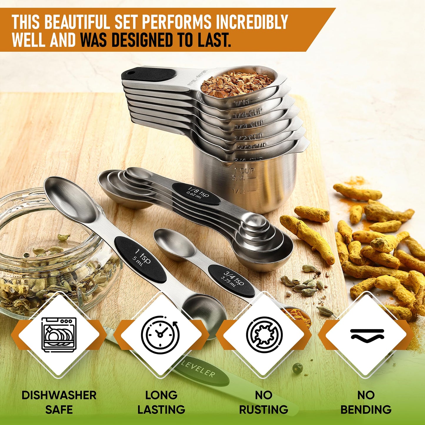 Spring Chef Magnetic Measuring Cups & Spoons Set, Patented, Strong N45 Magnets, Heavy Duty Stainless Steel Fits in Spice Jars for Baking & Cooking, BPA Free, Round Set of 15 with Leveler, Black