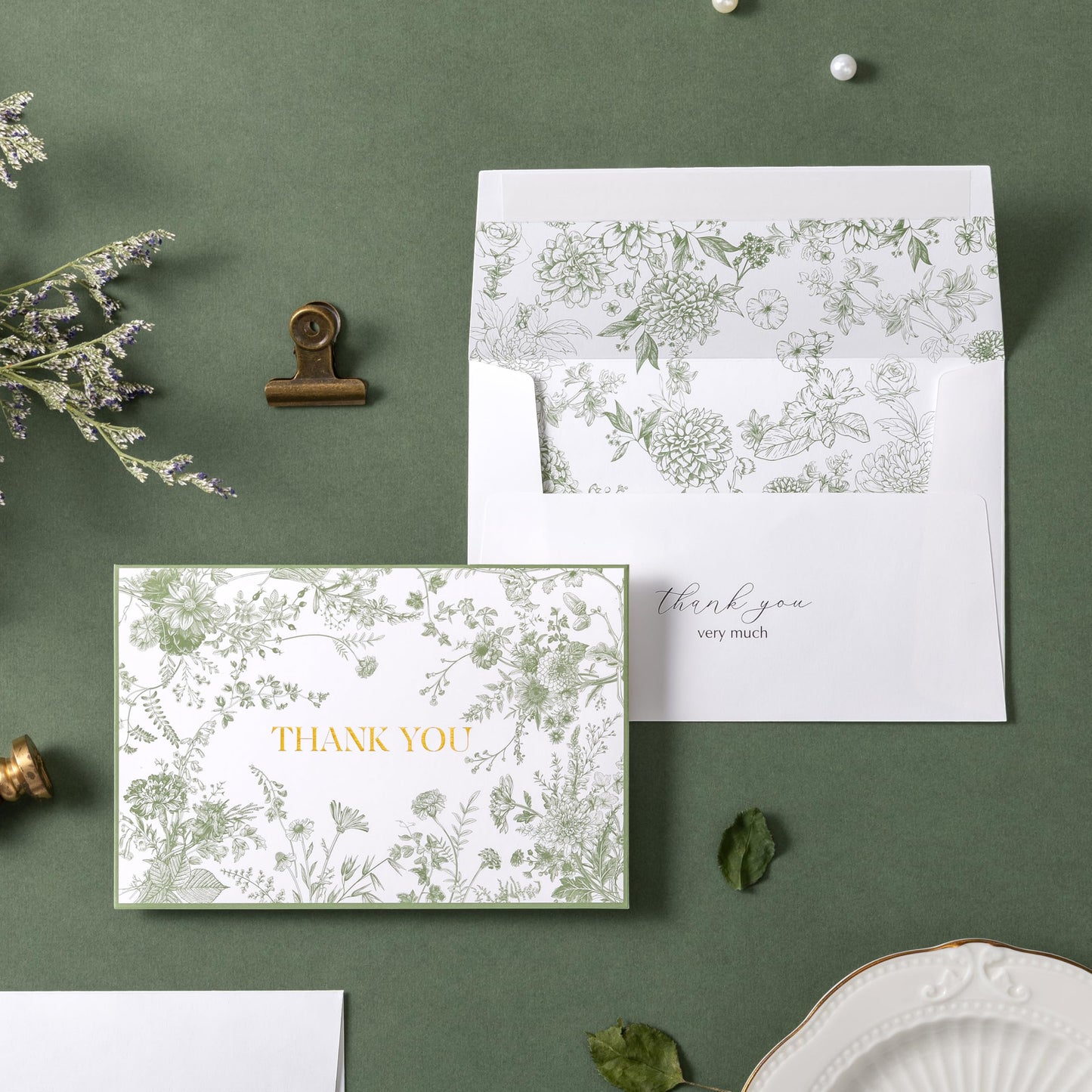 Crisky Green Floral Thank You Cards Gold Foil Greeting Notes Bulk with Envelopes (50 Pack) for Birthday, Baby Shower, Bridal Shower, Wedding, Graduation