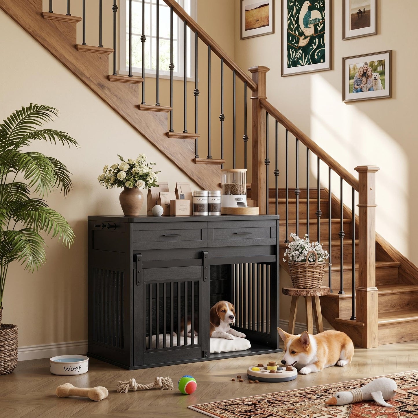 44.5''Large Dog Crate Furniture with 2 Storage Drawers,Heavy Duty Dog Kennel Indoor with Hook,Dog Kennel End Table TV Stand, Farmhouse Style Dog Crates with Sliding Barn for Medium/Large Dogs,Black