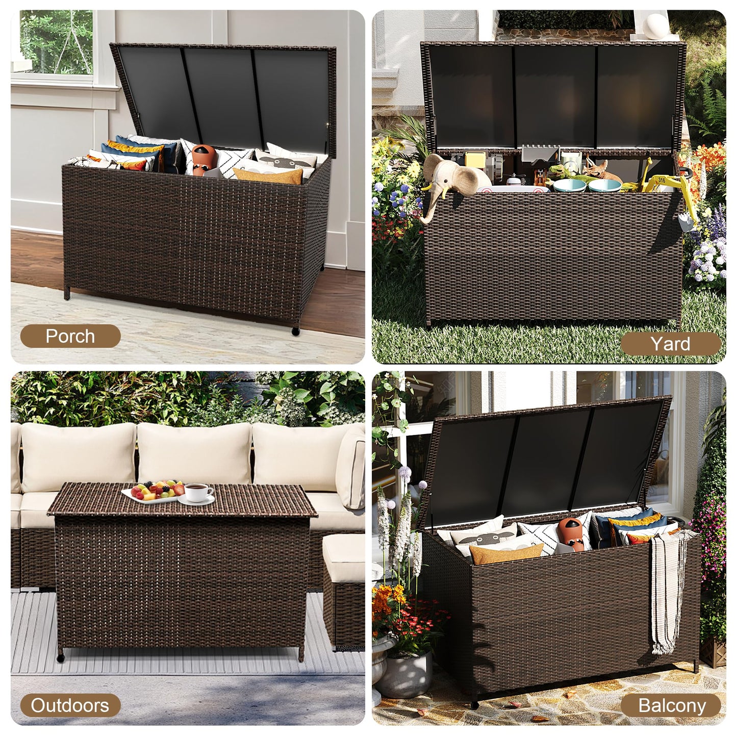 MilleLoom 185 Gallon Outdoor Storage Box with Wheels - Large Wicker Rattan Deck Box for Patio Cushions, Garden Tools, Pool Floats & Pillows, All-Weather Patio Furniture Storage, Brown