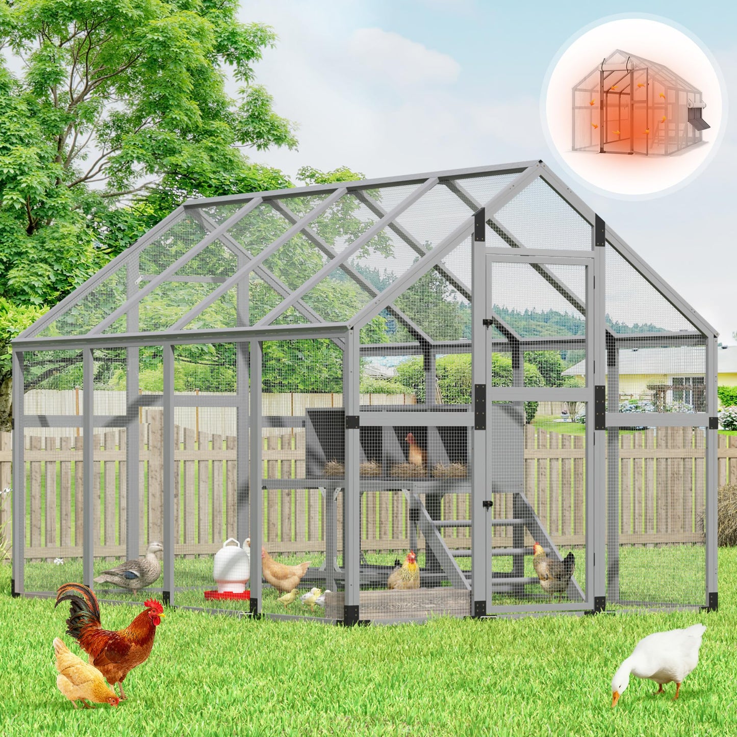 COZIWOW Chicken Coop with Full Waterproof Cover, 9' Extra Large Wooden Chicken House for 10-15 Chickens, 4 Nesting Boxes, Roosting Bars, Outdoor Walk-in Poultry Run for Backyard, Farm, Modern Gray