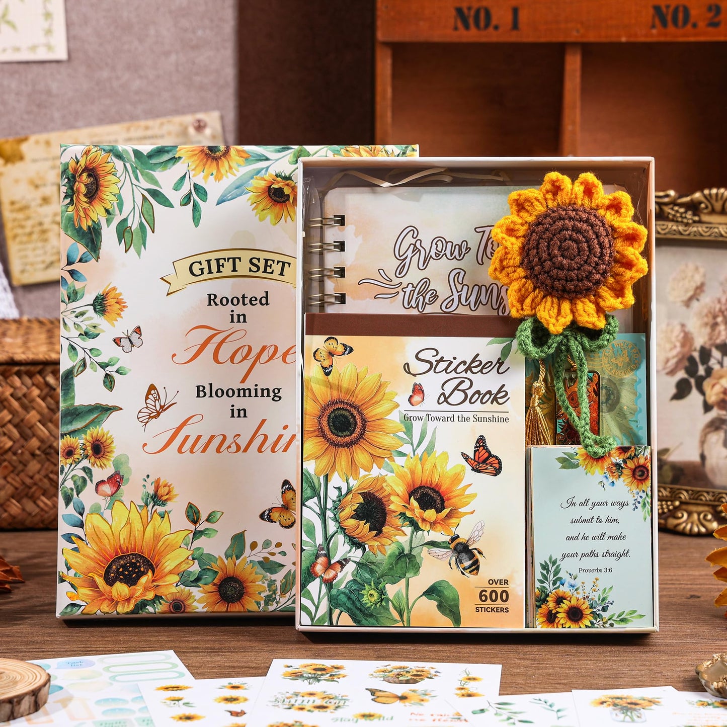 Sunflower Planner Gift Set for Women - 1 Sticker Book of 600+ Stickers, 1 Weekly Planner, 1 Crochet Keychain, 1 Metal Bookmark, 12 Prayer Cards, Gift for Women Men Teens Christian Birthday Mothers Day