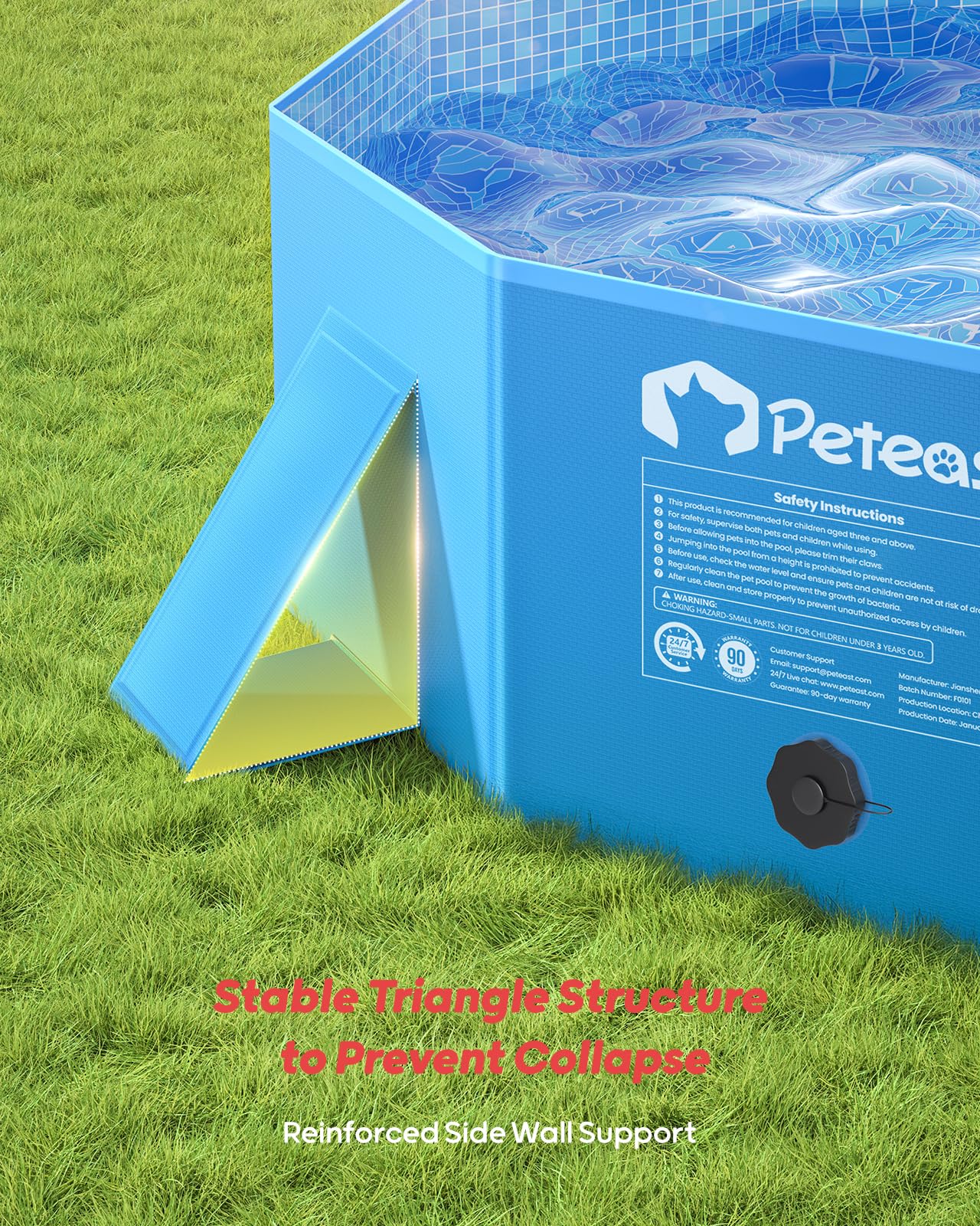 Peteast Foldable Dog Kiddie Pool with Stable Side Support, Hard Plastic Shell Portable Dog Pool, Collapsible Swimming Pools for Pet and Kids, 64 in