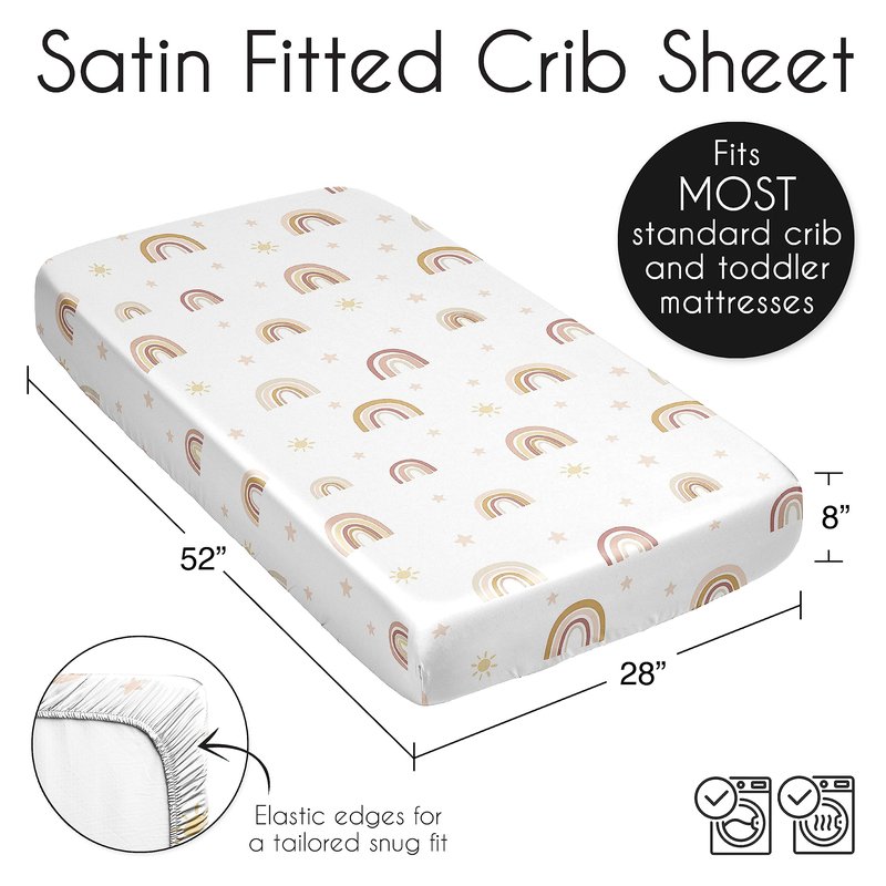 Sweet Jojo Designs Boho Rainbow Girl Baby Satin Fitted Crib Sheet Infant Newborn Nursery Toddler Bed Room Standard Mattress Blush Pink Yellow Bohemian Modern Neutral Vintage Rose Gold Beige Stars Sun