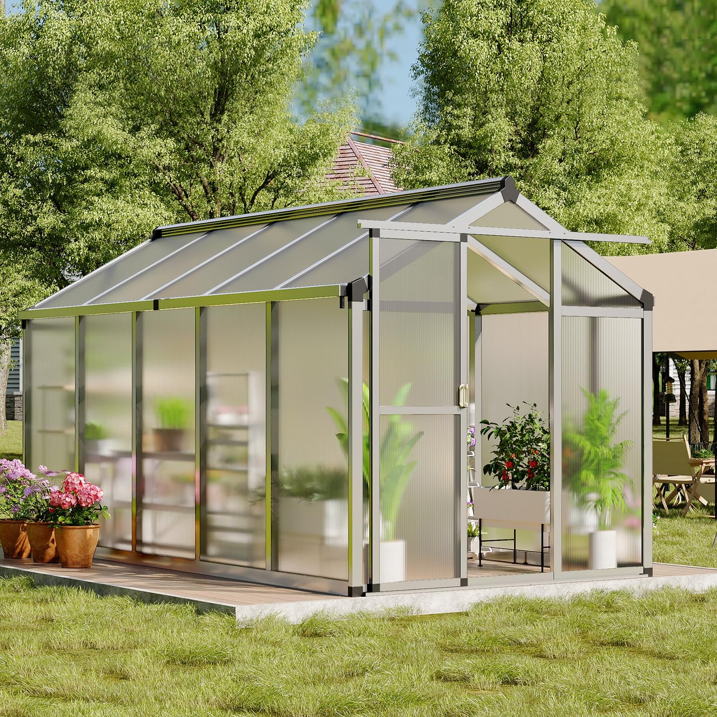 GarveeTech 6X10 FT Greenhouse, Polycarbonate Garden Greenhouse for Outdoors,Aluminum Frame Green House with Lockable Door and Adjustable Roof Vent, Ideal for Backyard Patio and Outside Growing