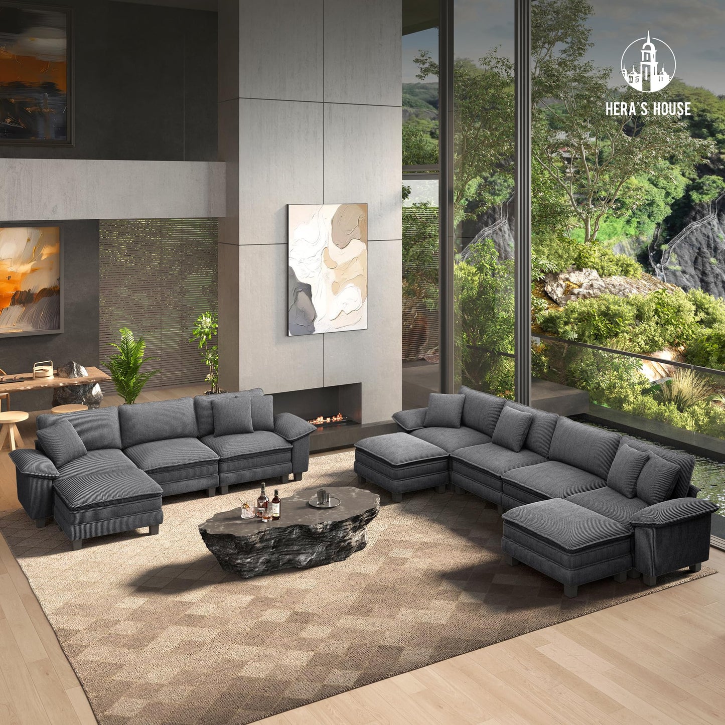 HERA'S HOUSE 158" Modular Sectional Sofa, Oversized U Shaped Couches for Living Room, Comfy Cloud Couch with Ottoman, 6-Seater Deep Seat Sofa with Throw Pillow, Corduroy Grey