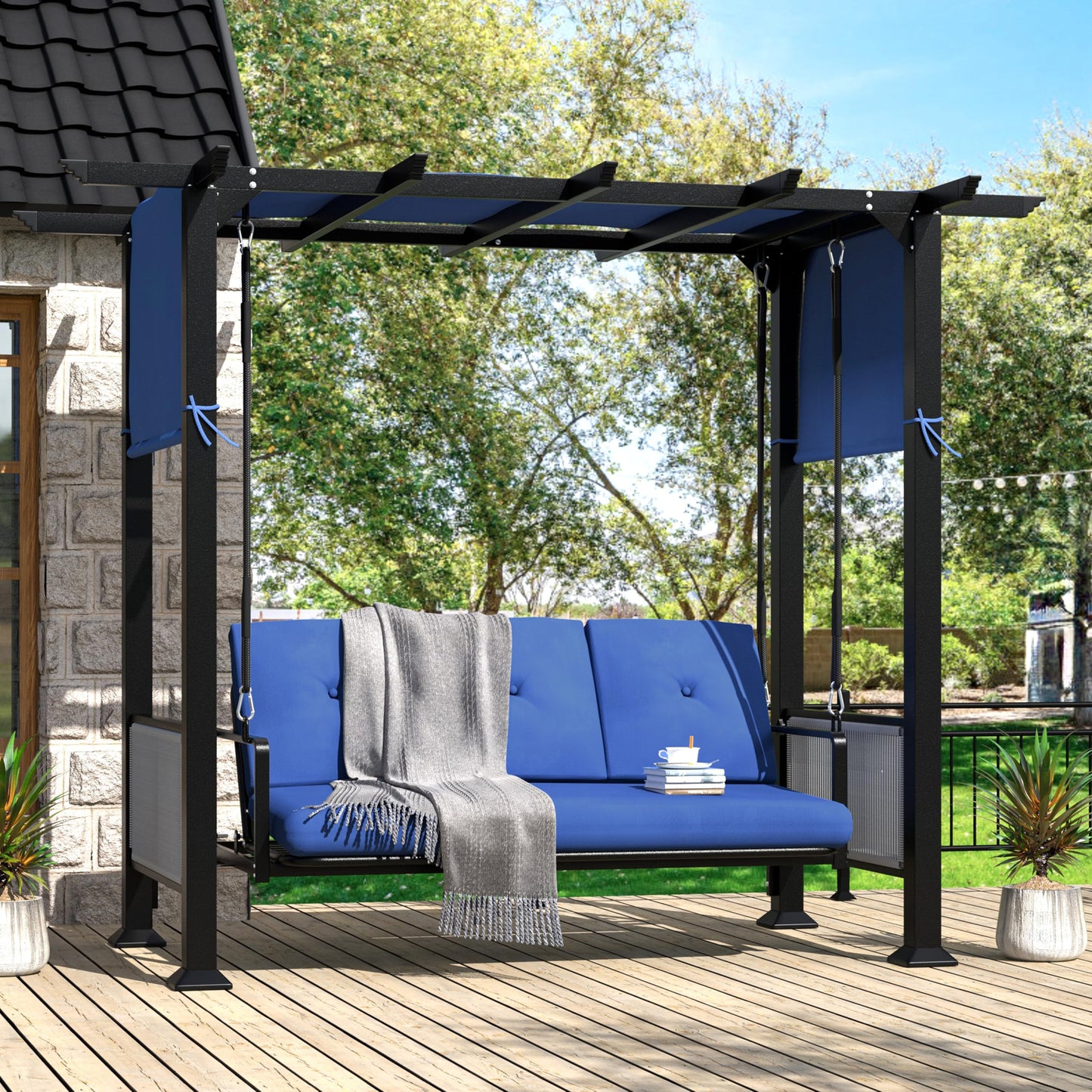 BlueWish 3-Seat Porch Swing, Outdoor Metal Pergola Swing Bed Hanging Cloud Swing Chair with Adjustable Curtains, Patio Hammock Swinging with Cushion for Porch, Backyard, Garden, Blue