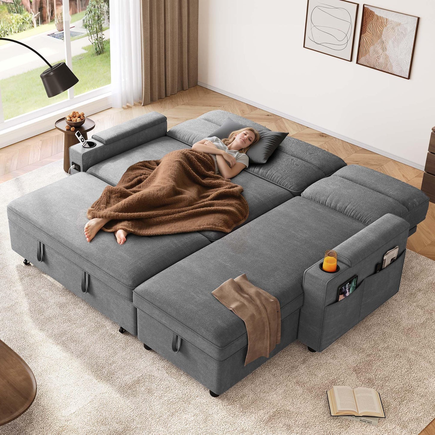 DWVO Convertible Sleeper Sofa with Adjustable Backrest & Pull Out Bed, L-Shaped Sectional Sofa Bed with Armrest & USB Port, Upholstered Sectional Couch for Living Room, No-Tool Assembly, Grey