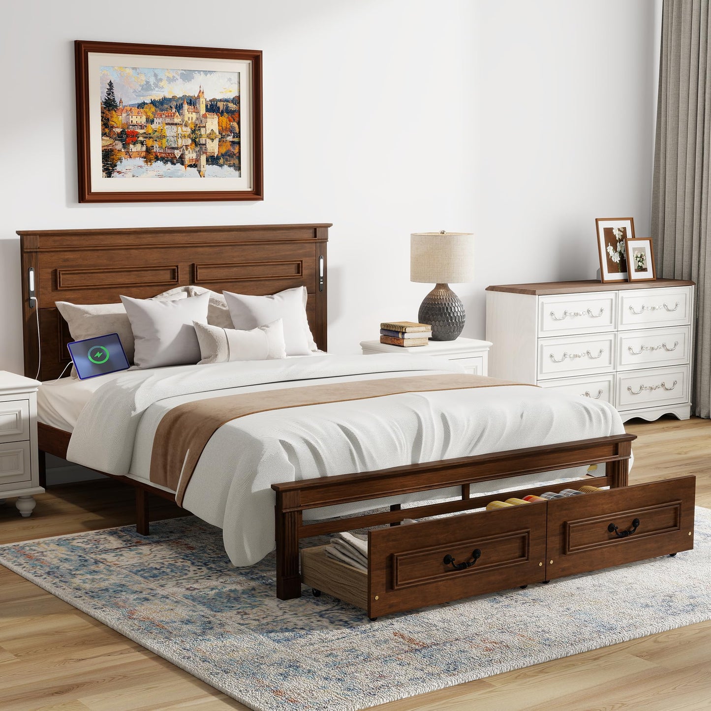 KEIKI Queen Size Farmhouse Bed Frame with 2 Storage Drawers & LED Lights & USB-C Charging Ports, Solid Wood Platform Bed with Tall Panel Headboard & Footboard, No Box Spring Needed, Walnut